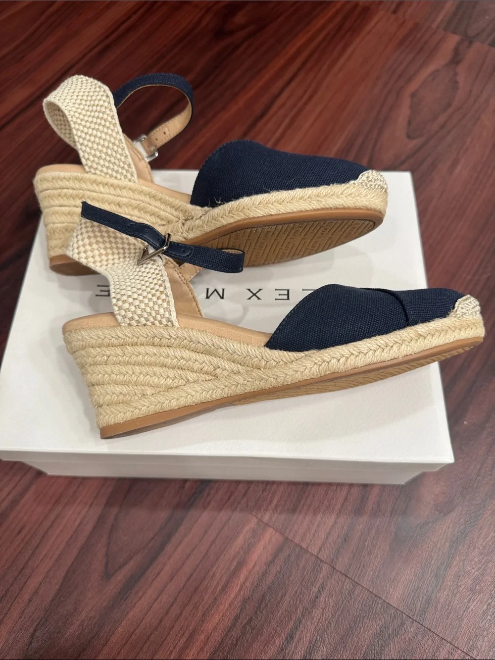 Alex Marie Navy and Tan Espadrille Wedge Sandals